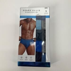 Perry Ellis Portfolio Mens Cotton Stretch Briefs 5 Pack Breathable Blue Gray S
